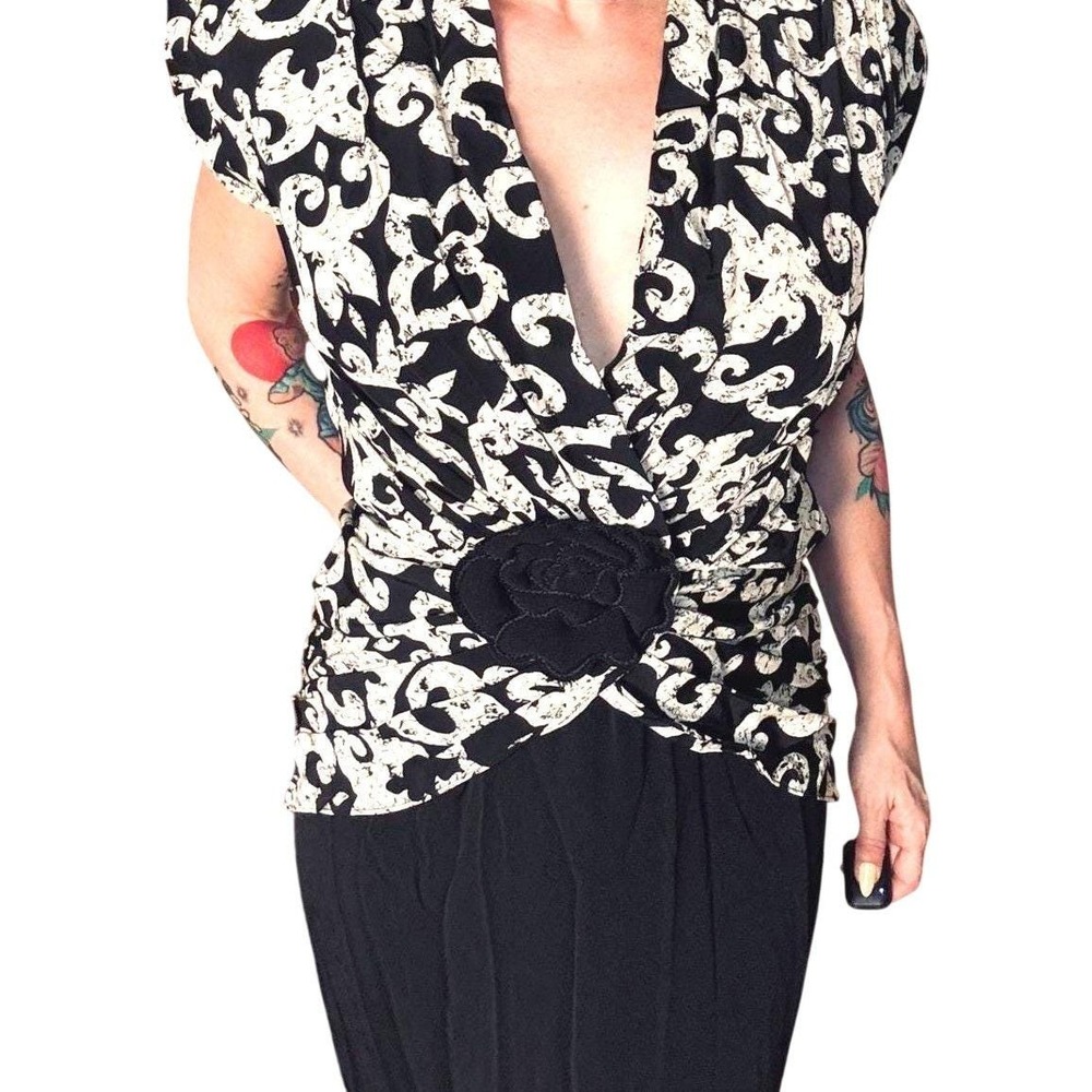 Vintage Barbara Barbara California Midi Dress Black Cream Scroll Rose NWT Size 8